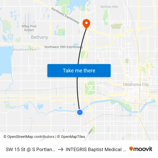 SW 15 St @ S Portland Ave to INTEGRIS Baptist Medical Center map