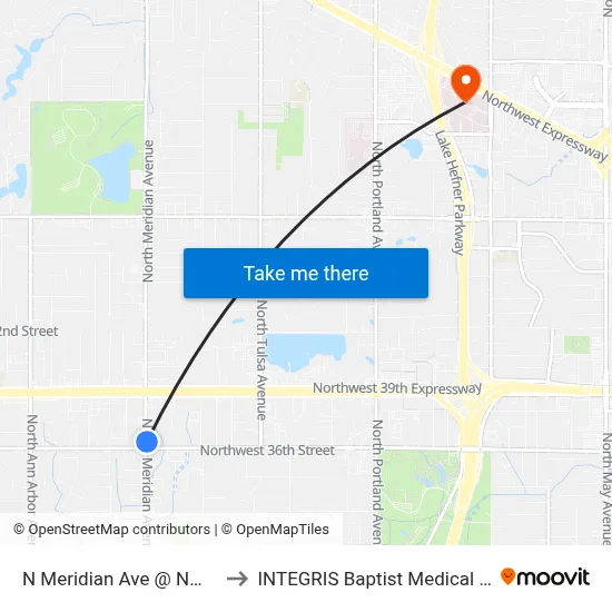 N Meridian Ave @ NW 36 St to INTEGRIS Baptist Medical Center map