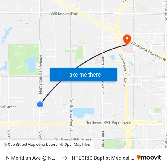 N Meridian Ave @ NW 43 St to INTEGRIS Baptist Medical Center map