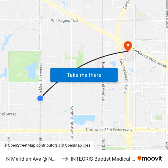 N Meridian Ave @ NW 47 St to INTEGRIS Baptist Medical Center map