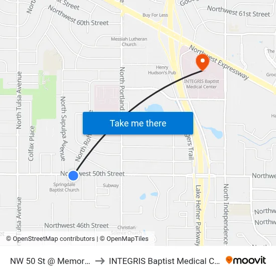 NW 50 St @ Memory Ln to INTEGRIS Baptist Medical Center map