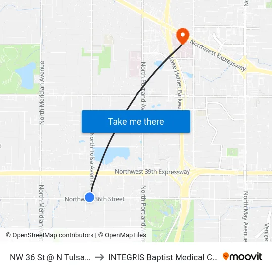 NW 36 St @ N Tulsa Ave to INTEGRIS Baptist Medical Center map
