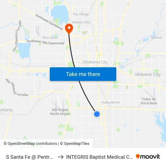 S Santa Fe @ Pentree Dr to INTEGRIS Baptist Medical Center map