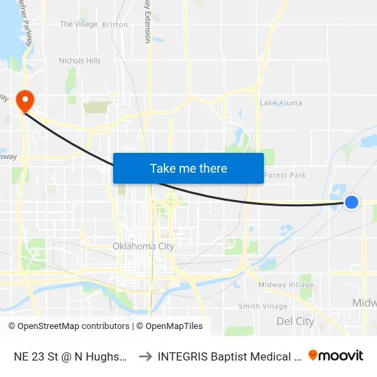 NE 23 St @ N Hughson Ave to INTEGRIS Baptist Medical Center map