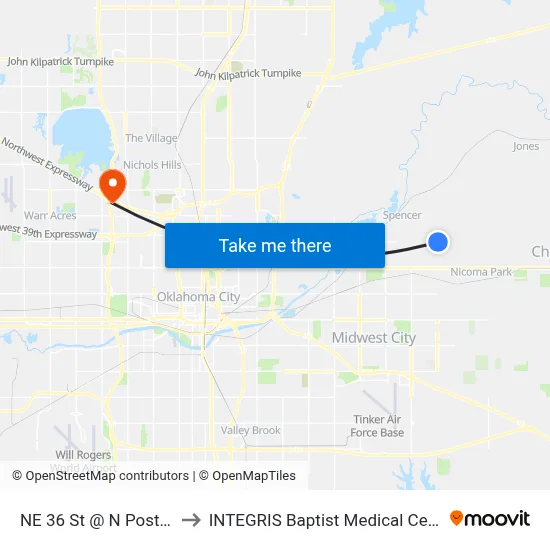 NE 36 St @ N Post Rd to INTEGRIS Baptist Medical Center map