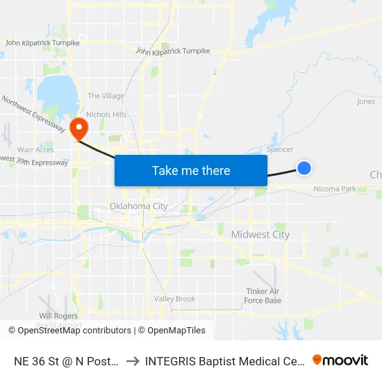 NE 36 St @ N Post Rd to INTEGRIS Baptist Medical Center map