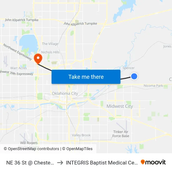 NE 36 St @ Chester St to INTEGRIS Baptist Medical Center map