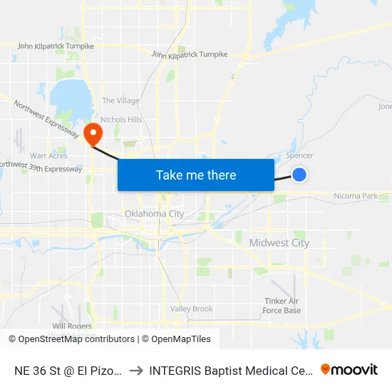 NE 36 St @ El Pizo Cir to INTEGRIS Baptist Medical Center map