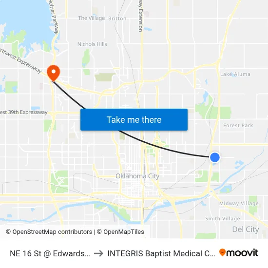 NE 16 St @ Edwards Ave to INTEGRIS Baptist Medical Center map