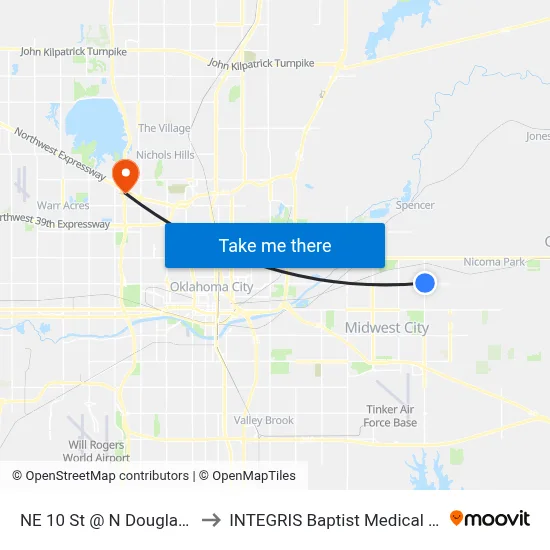 NE 10 St @ N Douglas Blvd to INTEGRIS Baptist Medical Center map