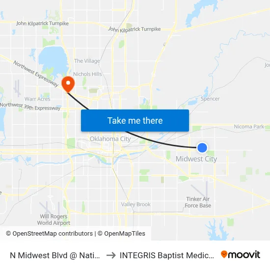 N Midwest Blvd @ National Ave to INTEGRIS Baptist Medical Center map