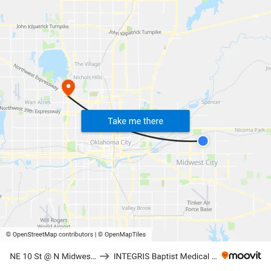 NE 10 St @ N Midwest Blvd to INTEGRIS Baptist Medical Center map