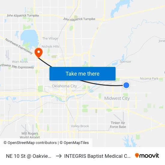 NE 10 St @ Oakview Dr to INTEGRIS Baptist Medical Center map