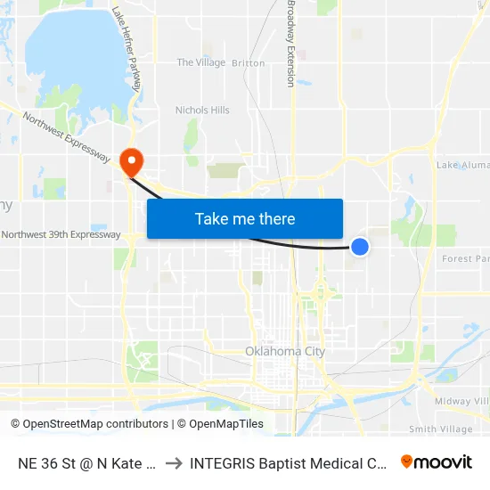 NE 36 St @ N Kate Ave to INTEGRIS Baptist Medical Center map