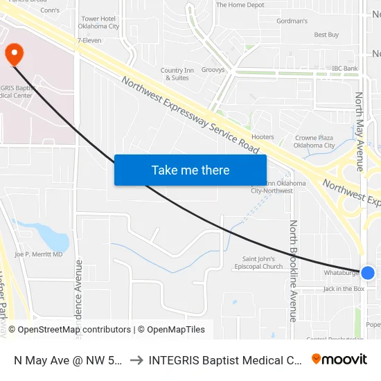 N May Ave @ NW 52 St to INTEGRIS Baptist Medical Center map