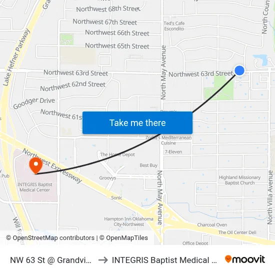 NW 63 St @ Grandview Pl to INTEGRIS Baptist Medical Center map