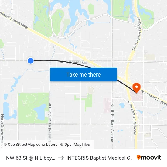 NW 63 St @ N Libby Ave to INTEGRIS Baptist Medical Center map