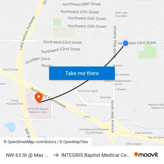 NW 63 St @ May Ave to INTEGRIS Baptist Medical Center map