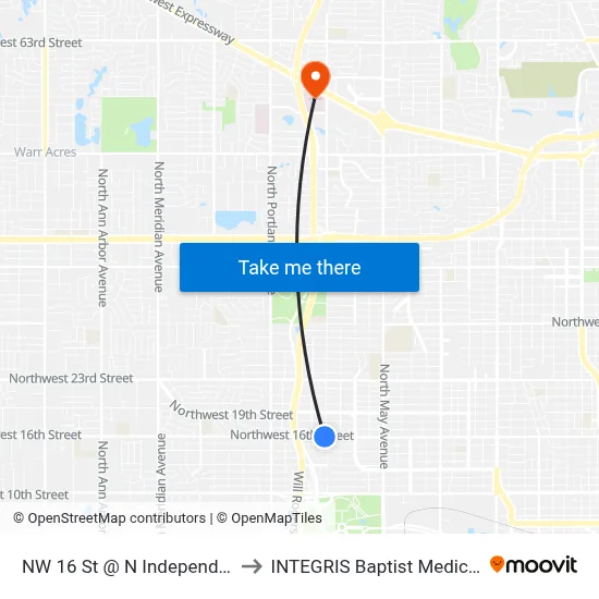 NW 16 St @ N Independence Ave to INTEGRIS Baptist Medical Center map
