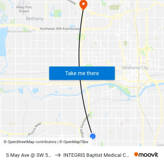 S May Ave @ SW 54 St to INTEGRIS Baptist Medical Center map