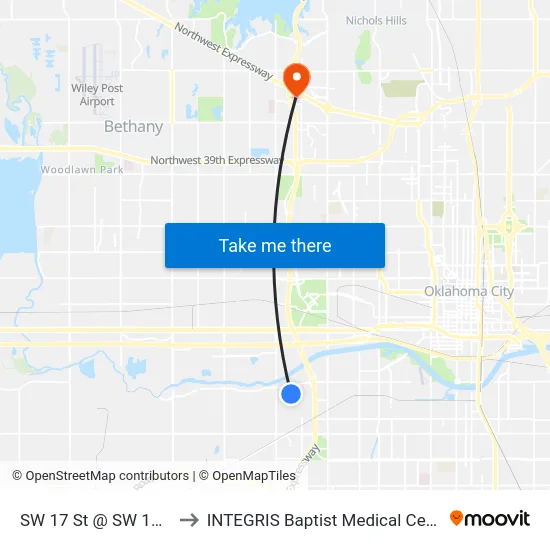 SW 17 St @ SW 19 St to INTEGRIS Baptist Medical Center map
