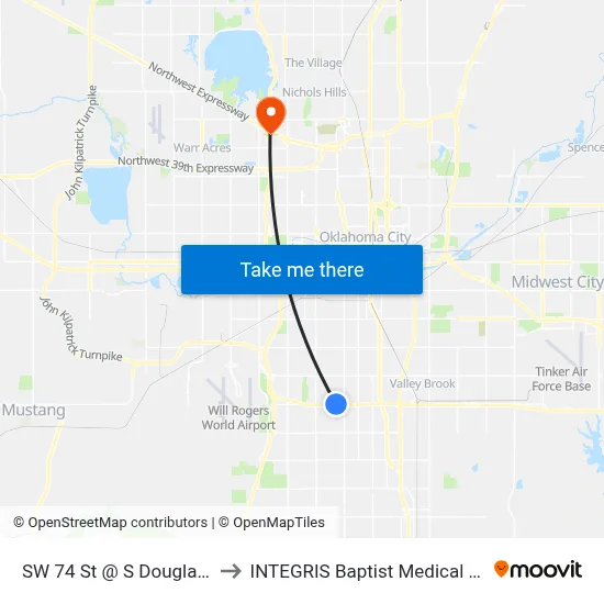 SW 74 St @ S Douglas Ave to INTEGRIS Baptist Medical Center map