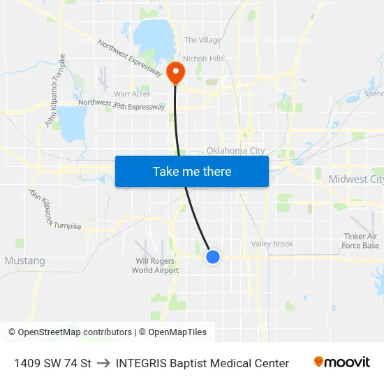 1409 SW 74 St to INTEGRIS Baptist Medical Center map