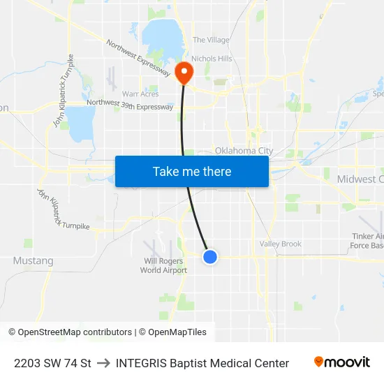 2203 SW 74 St to INTEGRIS Baptist Medical Center map
