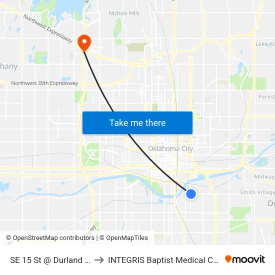 SE 15 St @ Durland Ave to INTEGRIS Baptist Medical Center map