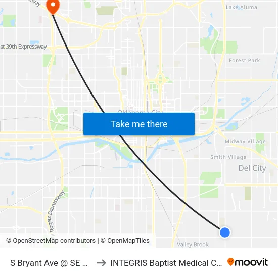 S Bryant Ave @ SE 56 St to INTEGRIS Baptist Medical Center map