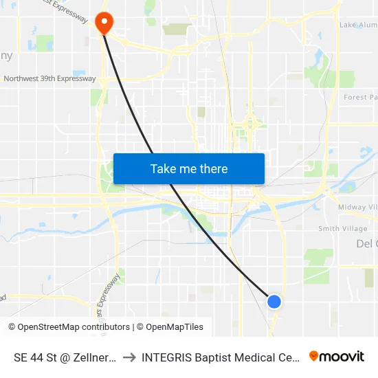 SE 44 St @ Zellner Dr to INTEGRIS Baptist Medical Center map