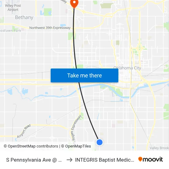 S Pennsylvania Ave @ SW 58 St to INTEGRIS Baptist Medical Center map