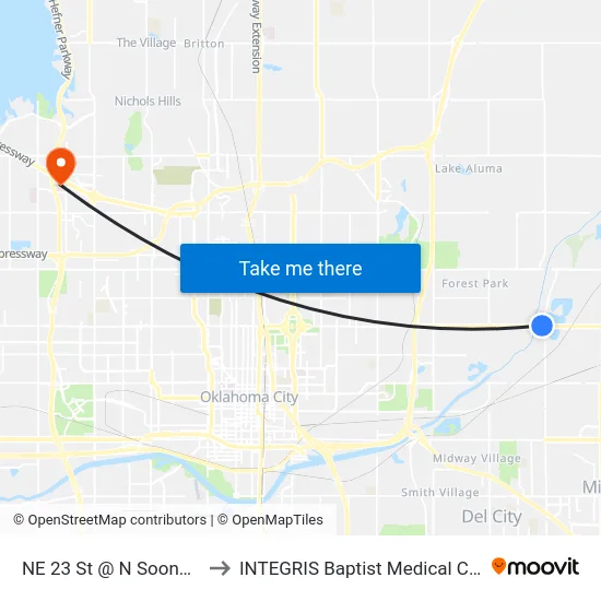 NE 23 St @ N Sooner Rd to INTEGRIS Baptist Medical Center map