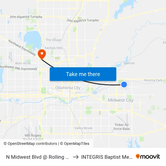 N Midwest Blvd @ Rolling Meadows Blvd to INTEGRIS Baptist Medical Center map