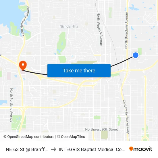 NE 63 St @ Branff Dr to INTEGRIS Baptist Medical Center map