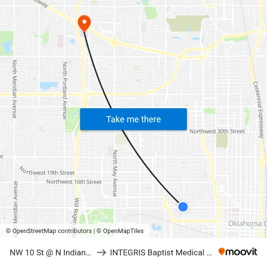 NW 10 St @ N Indiana Ave to INTEGRIS Baptist Medical Center map