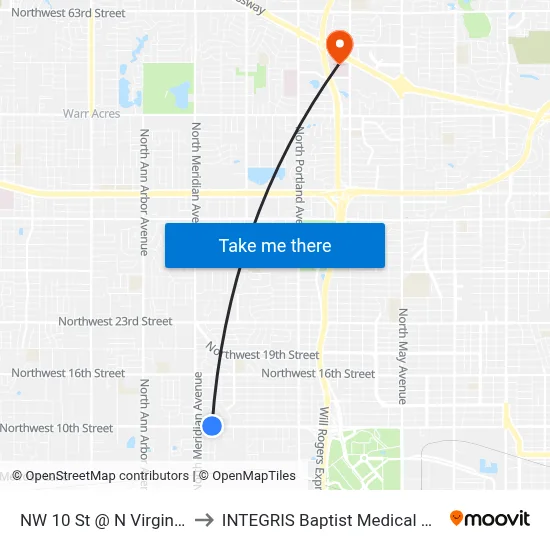 NW 10 St @ N Virginia Dr to INTEGRIS Baptist Medical Center map
