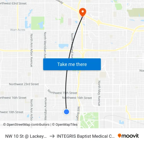 NW 10 St @ Lackey Ave to INTEGRIS Baptist Medical Center map