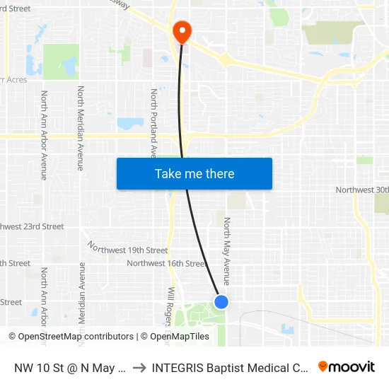 NW 10 St @ N May Ave to INTEGRIS Baptist Medical Center map