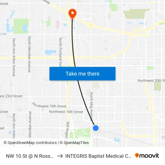 NW 10 St @ N Ross Ave to INTEGRIS Baptist Medical Center map