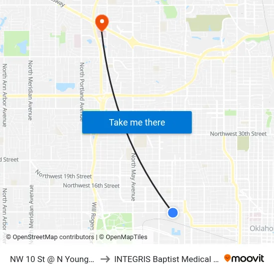 NW 10 St @ N Youngs Blvd to INTEGRIS Baptist Medical Center map