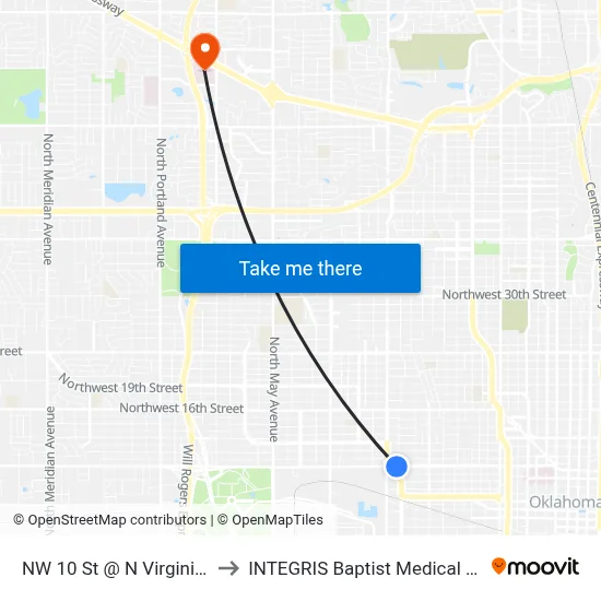NW 10 St @ N Virginia Ave to INTEGRIS Baptist Medical Center map