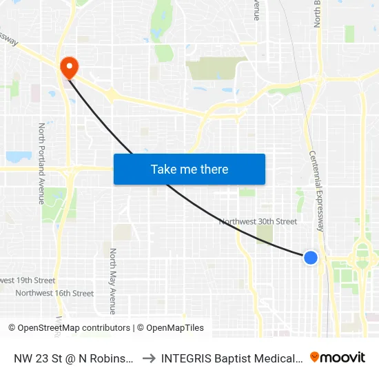 NW 23 St @ N Robinson Ave to INTEGRIS Baptist Medical Center map