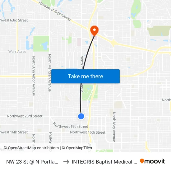 NW 23 St @ N Portland Ave to INTEGRIS Baptist Medical Center map