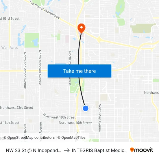 NW 23 St @ N Independence Ave to INTEGRIS Baptist Medical Center map