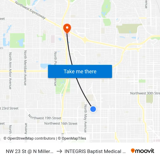NW 23 St @ N Miller Blvd to INTEGRIS Baptist Medical Center map
