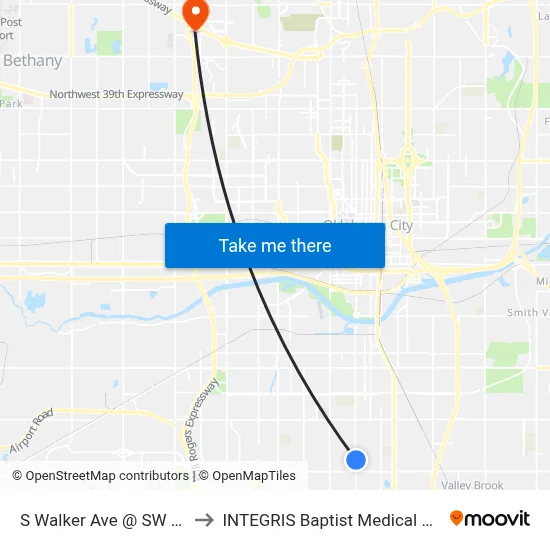 S Walker Ave @ SW 55 St to INTEGRIS Baptist Medical Center map