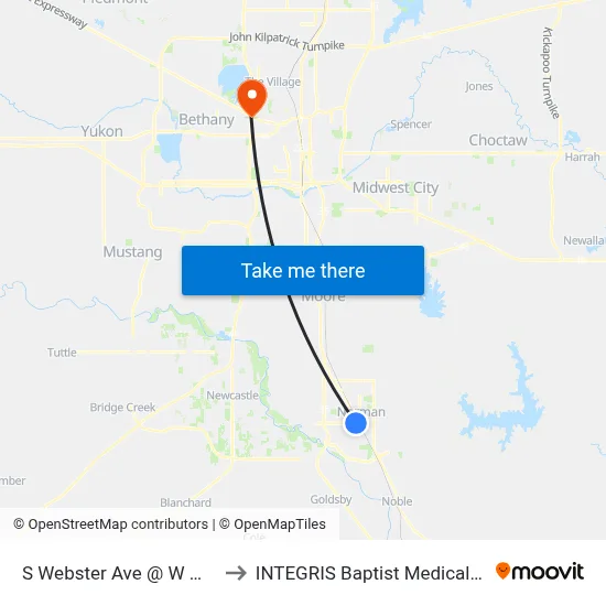 S Webster Ave @ W Main St to INTEGRIS Baptist Medical Center map