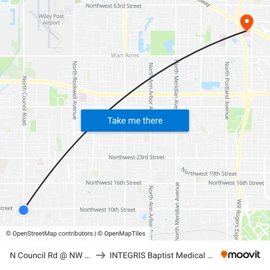 N Council Rd @ NW 10 St to INTEGRIS Baptist Medical Center map