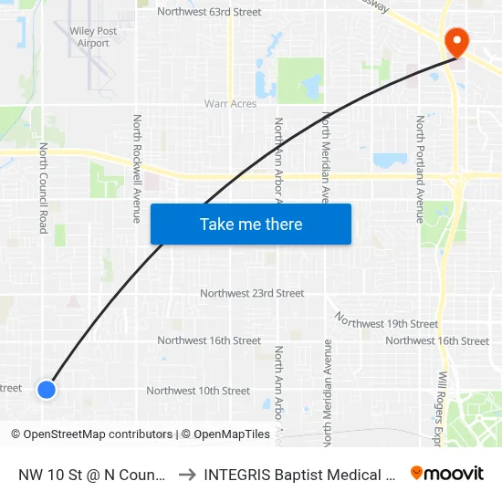 NW 10 St @ N Council Rd to INTEGRIS Baptist Medical Center map